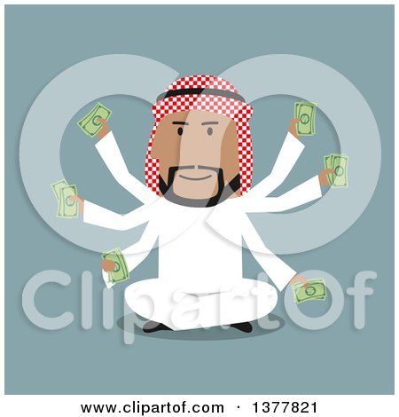 Clipart of a Flat Design Arabian Business Man with Many Arms, Sitting Nad Holding Cash, on Blue - Royalty Free Vector Illustration by Vector Tradition SM