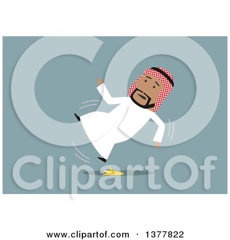 Clipart of a Flat Design Arabian Business Man Slipping on a Banana Peel, on Blue - Royalty Free Vector Illustration by Vector Tradition SM