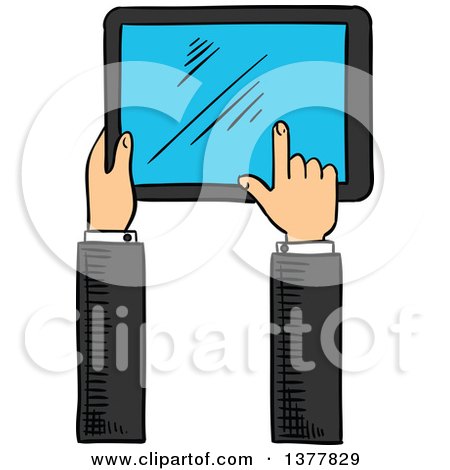 Clipart of a Sketched White Business Man's Hand Using a Touch Screen Tablet Computer - Royalty Free Vector Illustration by Vector Tradition SM