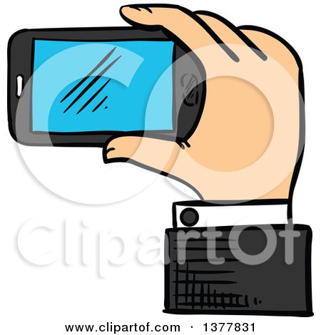 Clipart of a Sketched White Business Man's Hand Holding a Smart Phone - Royalty Free Vector Illustration by Vector Tradition SM