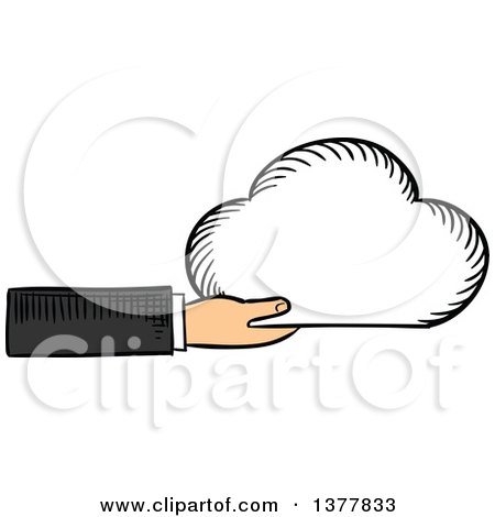 Clipart of a Sketched White Business Man's Hand Holding a Cloud - Royalty Free Vector Illustration by Vector Tradition SM