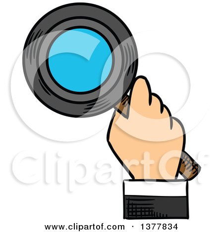 Clipart of a Sketched White Business Man's Hand Searching with a Magnifying Glass - Royalty Free Vector Illustration by Vector Tradition SM