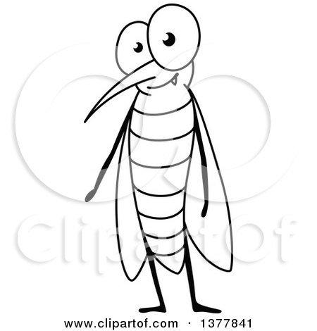 Clipart of a Black and White Cartoon Happy Mosquito - Royalty Free Vector Illustration by Vector Tradition SM