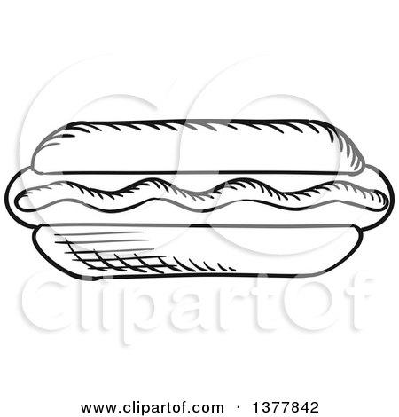 Clipart of a Black and White Sketched Hot Dog - Royalty Free Vector Illustration by Vector Tradition SM