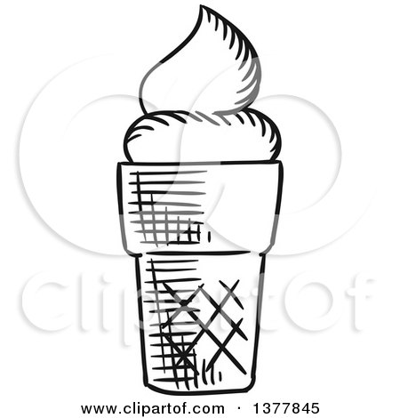 Clipart of a Black and White Sketched Ice Cream Cone - Royalty Free Vector Illustration by Vector Tradition SM