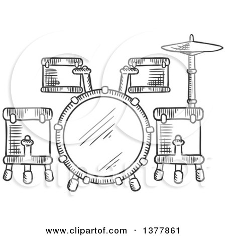 Clipart of a Black and White Sketched Drum Set - Royalty Free Vector Illustration by Vector Tradition SM