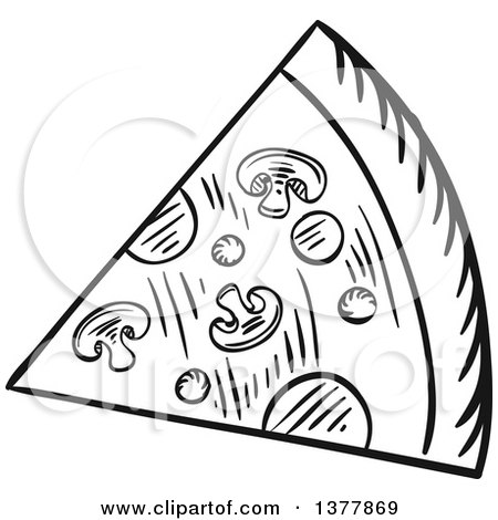 Clipart of a Black and White Sketched Slice of Pizza - Royalty Free Vector Illustration by Vector Tradition SM