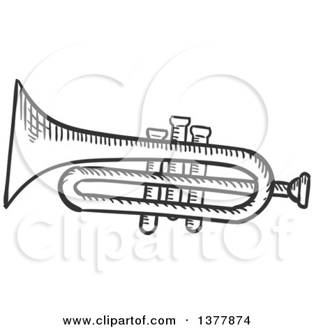 Clipart of a Black and White Sketched Trumpet - Royalty Free Vector Illustration by Vector Tradition SM