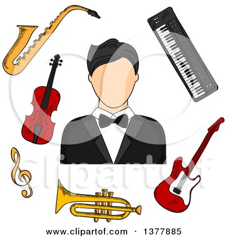 Clipart of a Musician Man in Tailcoat, Surrounded by Electric Guitar, Trumpet, Violin, Saxophone, Treble Clef and Synthesizer Musical Instruments - Royalty Free Vector Illustration by Vector Tradition SM