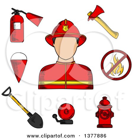 Clipart of a Sketched Fireman Flanked by Fire Axe, Bucket and Shovel, Extinguisher, Fire Alarm, Hydrant and Prohibition Sign - Royalty Free Vector Illustration by Vector Tradition SM