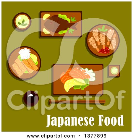 Clipart of Japanese Food with Text over Green - Royalty Free Vector Illustration by Vector Tradition SM