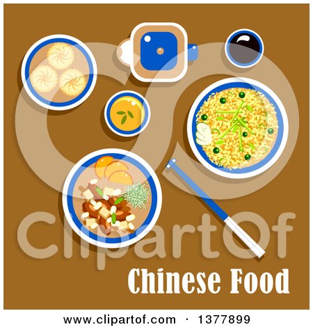Clipart of Chinese Food with Text over Brown - Royalty Free Vector Illustration by Vector Tradition SM
