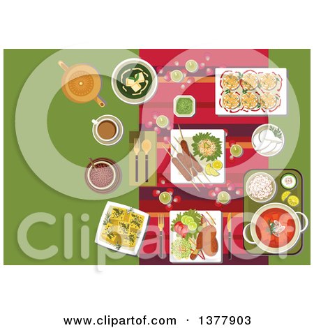 Clipart of Indian Cuisine Dishes, Drinks and Snacks with Festive Table, Setting with Candles, Rose Petals and Curry with Rice, Kebab and Tandoori Chicken Legs, Served with Vegetables and Lemons, Spinach Soup with Curd Cheese, Desserts and Masala Tea - R by Vector Tradition SM