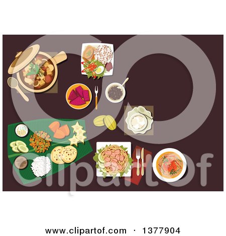 Clipart of Malaysian Dishes with Nasi Lemak Rice, Prawn Noodle, Tofu Noodle with Curry, Pork Stew in Pot with Mushrooms and Dried Tofu, Passion Fruit, Carambola, Mango, Pineapple Fruits with Flat Bread and Desserts on Banana Leaf - Royalty Free Vector I by Vector Tradition SM