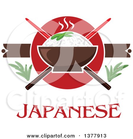 Clipart of a Japanese Cuisine Rice Bowl Design with Chopsticks and Text - Royalty Free Vector Illustration by Vector Tradition SM