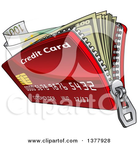 Clipart of a Red Zippered Credit Card Wallet with Cash - Royalty Free Vector Illustration by Vector Tradition SM