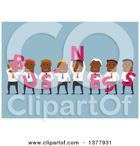 Clipart of a Flat Design Group of Black Men Holding BUSINESS Letters, on Blue - Royalty Free Vector Illustration by Vector Tradition SM