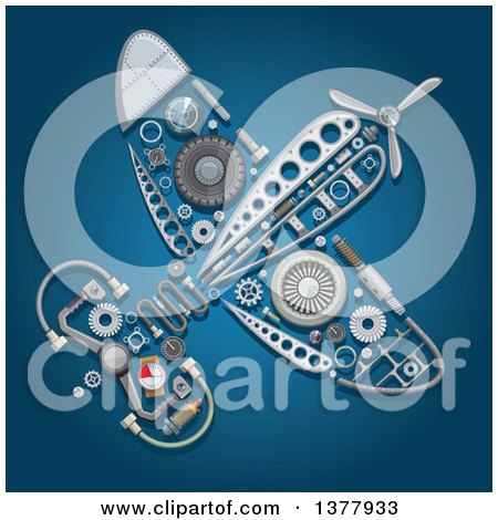 Clipart of a Mechanical Airplane over Blue - Royalty Free Vector Illustration by Vector Tradition SM
