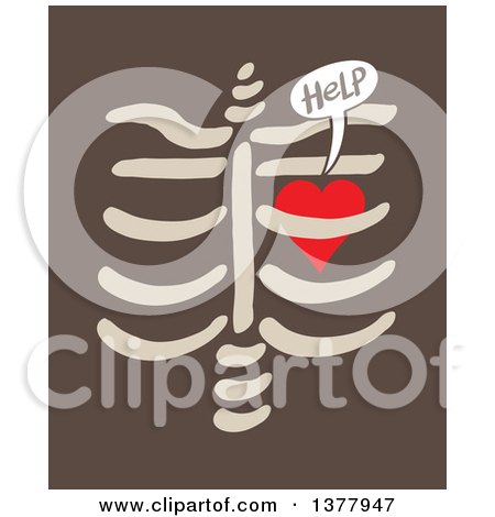 Clipart of a Heart Imprisoned Within Ribs, Begging for Help, over Brown - Royalty Free Vector Illustration by Zooco
