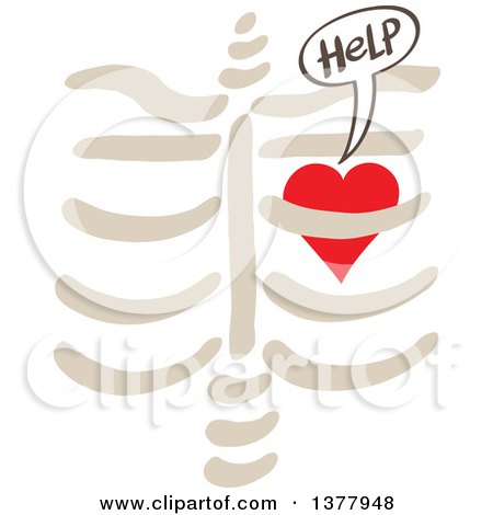 Clipart of a Heart Imprisoned Within Ribs, Begging for Help - Royalty Free Vector Illustration by Zooco