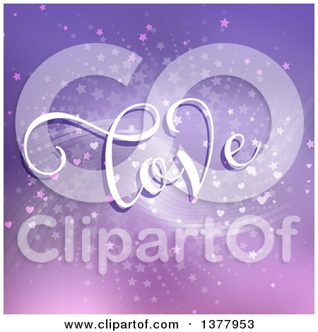 Clipart of Love Text over a Heart and Star Spiral Burst on Purple - Royalty Free Vector Illustration by KJ Pargeter