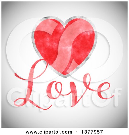Clipart of Red Watercolor Heart with Love Text over Gray - Royalty Free Vector Illustration by KJ Pargeter
