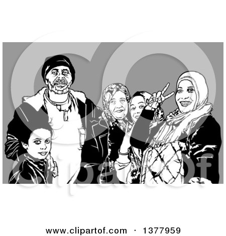Clipart of a Black and White Posing Immigrant Family over Gray - Royalty Free Vector Illustration by dero