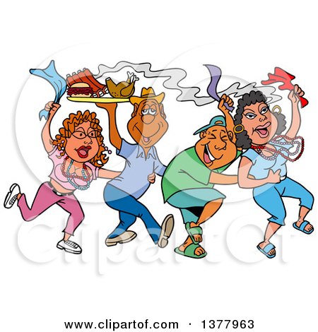 Clipart of a Dancing Line of Mardi Gras Couples Having a Blast and Carrying Hot Bbq Food - Royalty Free Vector Illustration by LaffToon