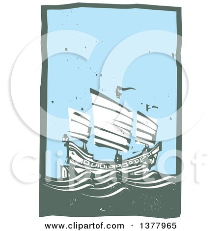 Clipart of a Woodcut Chinese Junk Ship at Sea During the Day - Royalty Free Vector Illustration by xunantunich