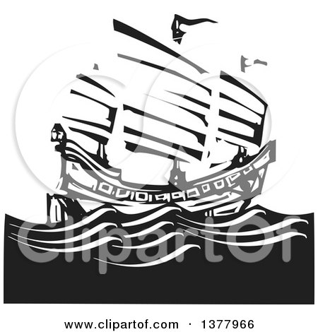 Clipart of a Black and White Woodcut Chinese Junk Ship at Sea - Royalty Free Vector Illustration by xunantunich