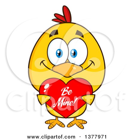 Clipart of a Yellow Chick Holding a Be Mine Valentine Heart - Royalty Free Vector Illustration by Hit Toon