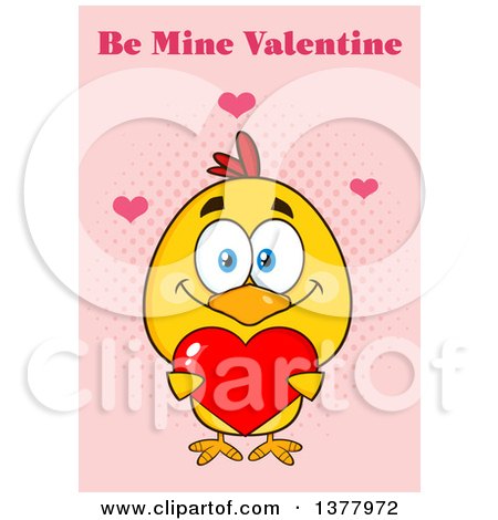 Clipart of a Yellow Chick Holding a Heart Under Be Mine Valentine Text on Pink - Royalty Free Vector Illustration by Hit Toon