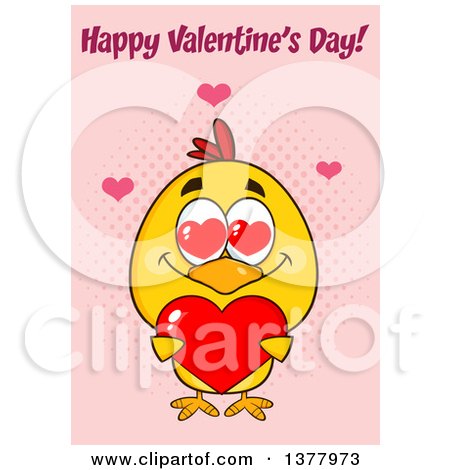 Clipart of a Yellow Chick Holding a Heart Under Happy Valentines Day Text on Pink - Royalty Free Vector Illustration by Hit Toon