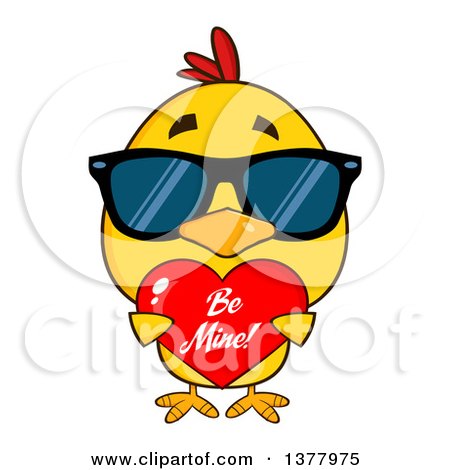 Clipart of a Yellow Chick Wearing Sunglasses and Holding a Be Mine Valentine Heart - Royalty Free Vector Illustration by Hit Toon