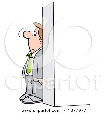 Clipart of a Cartoon White Businessman Hiding Behind a Wall - Royalty Free Vector Illustration by Johnny Sajem