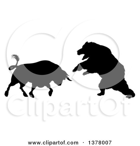 Clipart of a Black Silhouetted Stock Market Bull Fighting a Bear - Royalty Free Vector Illustration by AtStockIllustration