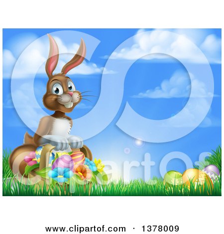 Clipart of a Happy Brown Easter Bunny with a Basket of Eggs and Flowers in the Grass, Against a Blue Sky - Royalty Free Vector Illustration by AtStockIllustration