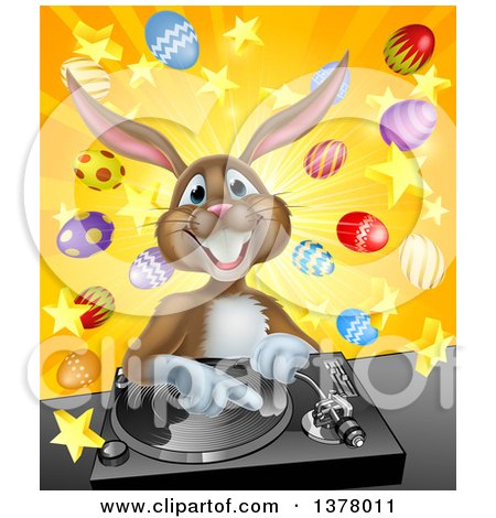 Clipart of a Happy Brown Easter Bunny Rabbit Dj over a Turntable Against a Burst of Objects - Royalty Free Vector Illustration by AtStockIllustration