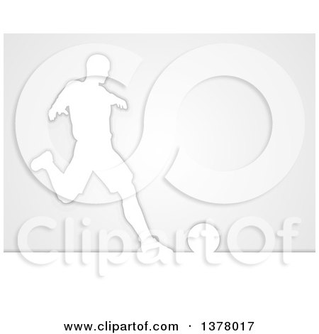 Clipart of a White Silhouetted Male Soccer Player in Action, over Gray - Royalty Free Vector Illustration by AtStockIllustration