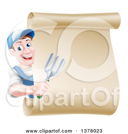 Clipart of a Happy Middle Aged Brunette White Male Gardener in Blue, Holding a Garden Fork Around a Scroll Sign - Royalty Free Vector Illustration by AtStockIllustration
