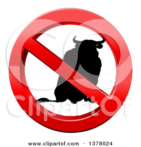 Clipart of a No Bull Black Silhouetted Bovine in a Shiny Red Prohibited Symbol - Royalty Free Vector Illustration by AtStockIllustration