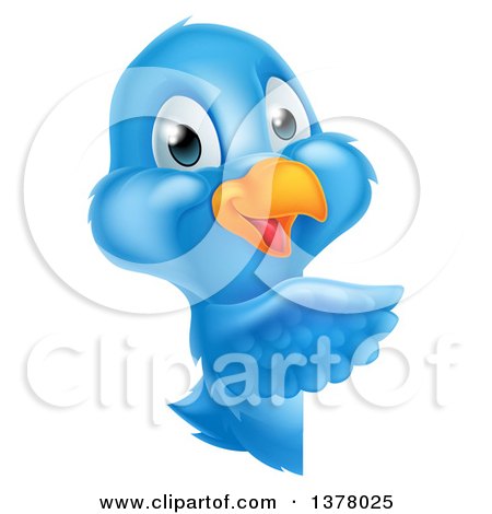 Clipart of a Happy Blue Bird Pointing Around a Sign - Royalty Free Vector Illustration by AtStockIllustration