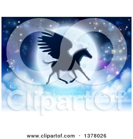 Clipart of a Black Silhouetted Winged Pegasus Horse Flying in Front of a Full Moon - Royalty Free Vector Illustration by AtStockIllustration