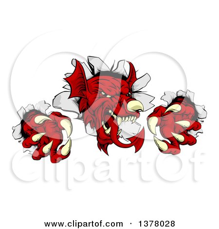Clipart of a Fierce Red Welsh Dragon Mascot Breaking Through a Wall - Royalty Free Vector Illustration by AtStockIllustration