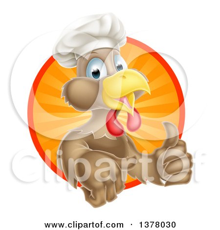 Clipart of a Happy Brown Chef Chicken Giving a Thumb up and Emerging from a Circle of Sun Rays - Royalty Free Vector Illustration by AtStockIllustration