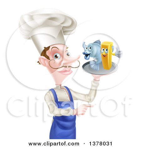 Clipart of a White Male Chef with a Curling Mustache, Pointing and Holding a Fish and Chips on a Tray - Royalty Free Vector Illustration by AtStockIllustration