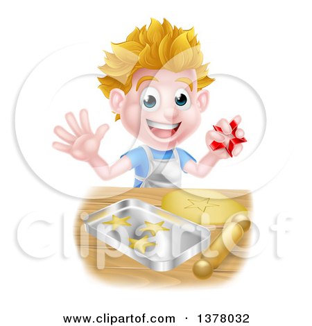 Clipart of a Happy Blond Caucasian Boy Baking Cookies - Royalty Free Vector Illustration by AtStockIllustration