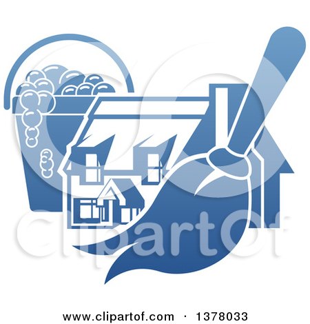 Clipart of a Gradient Blue House with a Cleaning Bucket and Mop or Duster - Royalty Free Vector Illustration by AtStockIllustration