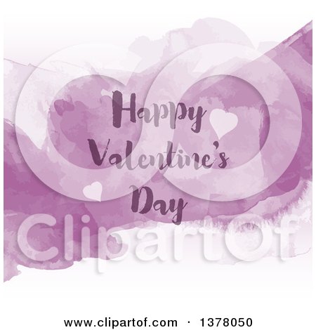 Clipart of a Happy Valentines Day Greeting with Hearts and Purple Watercolor - Royalty Free Vector Illustration by KJ Pargeter