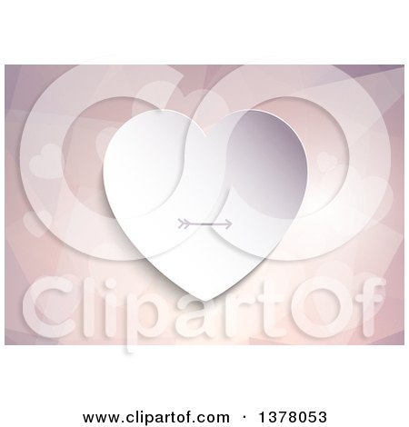 Clipart of a 3d White Paper Heart with an Arrow over a Geometric Background with Hearts - Royalty Free Vector Illustration by KJ Pargeter